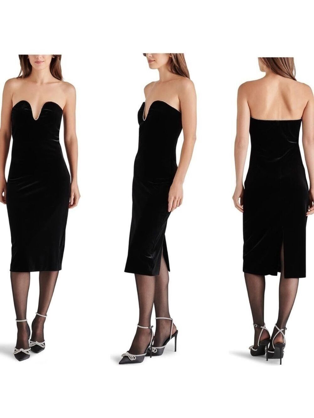 Steve Madden black velvet rhinestone trim strapless Charlene dress NWT